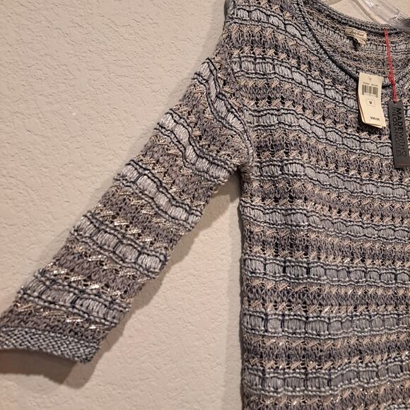 LUCKY BRAND Sweater Women's Crochet 3/4 Sleeve Metallic Open Knit Gray Sz M NWT - Picture 5 of 12